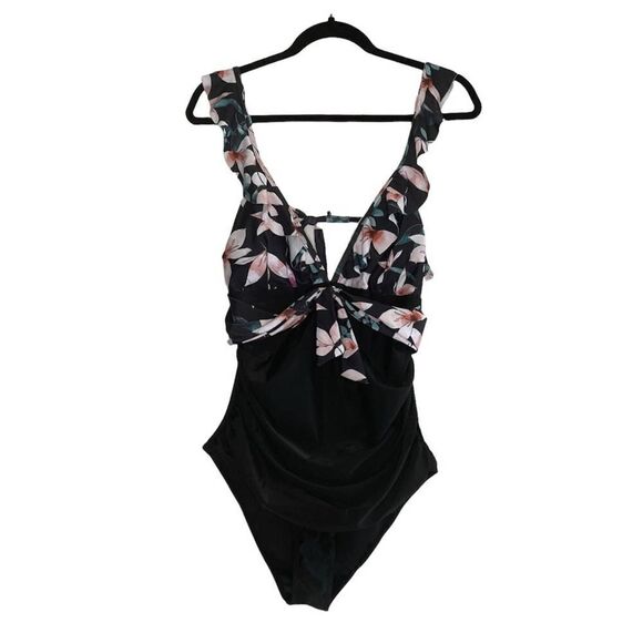 Sporlike Ruffle One Piece Floral and Black Bathing Suit XL - Picture 1 of 8